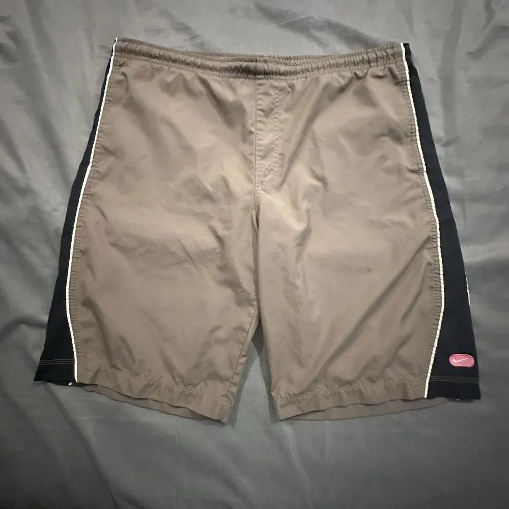 Vintage Y2K Nike Board Shorts Men’s L Striped Swim Trunks 00s Silver Tag Swoosh
